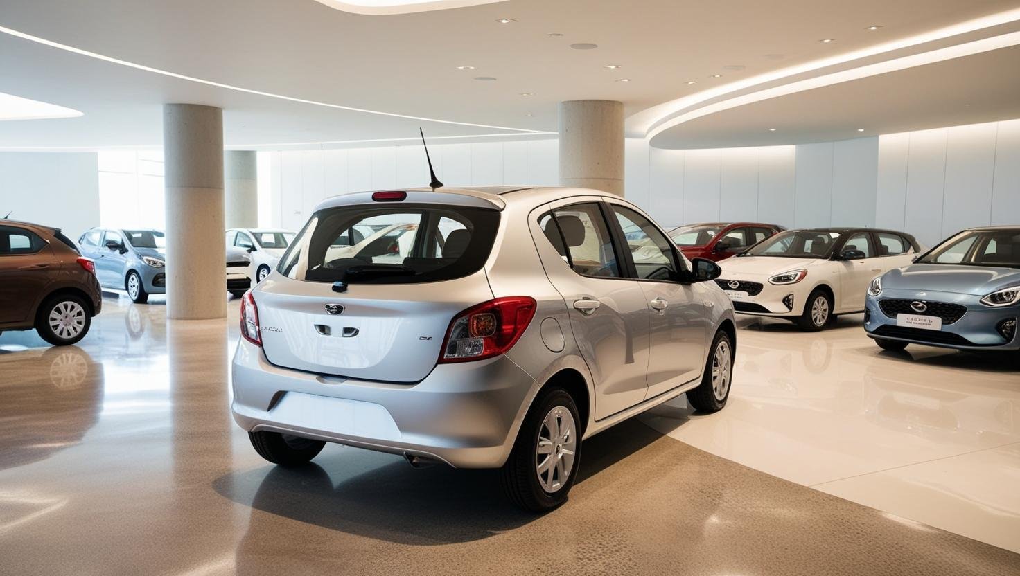 A compact, silver hatchback budget car, pristine and gleaming, sits prominently in a brightly lit modern car showroom.  The showroom features polished concrete floors, minimalist architecture, and soft, indirect lighting. The cars interior
